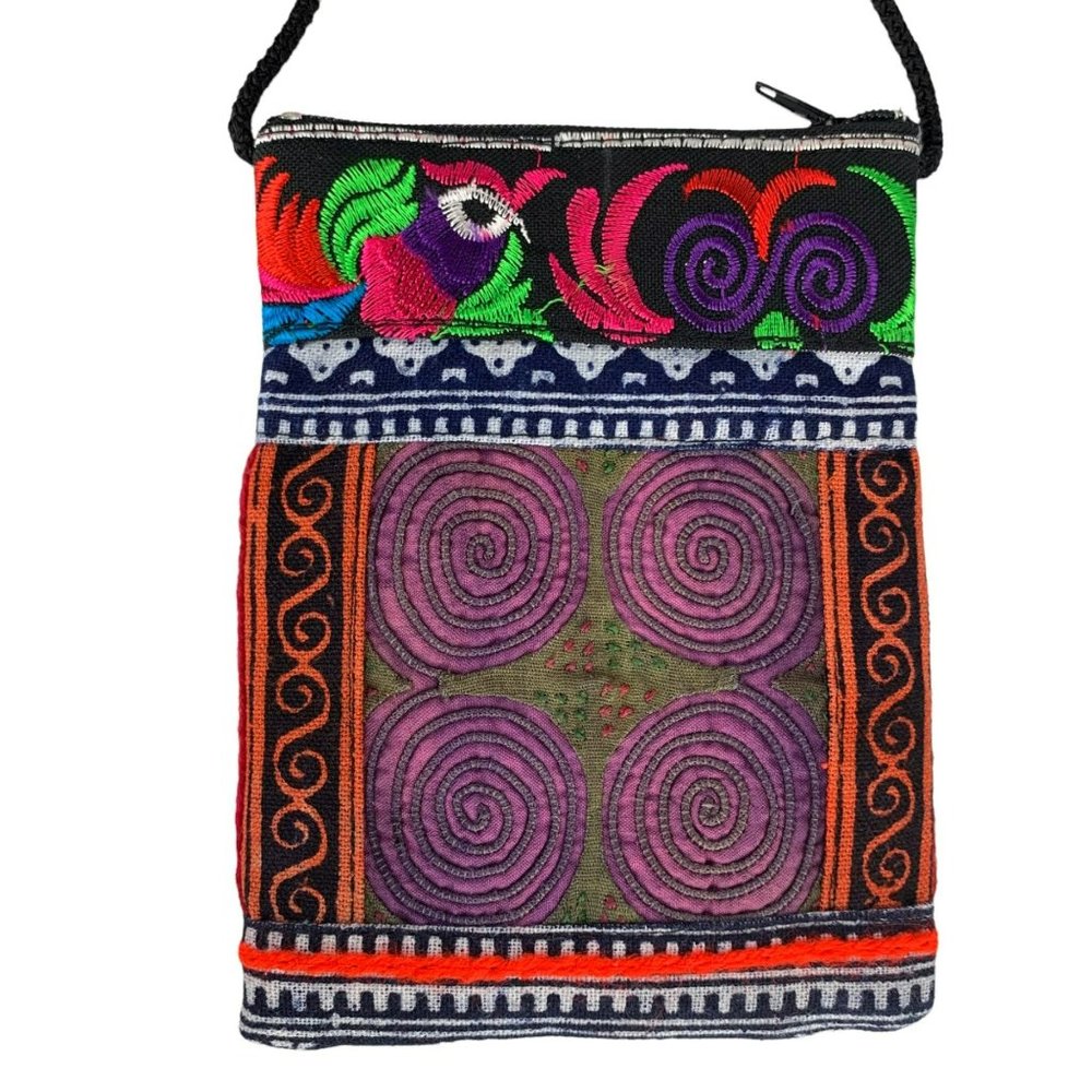 Hand Embroidered Handbag Purse Bird Flower Floral Swirl Bright Colors Multicolor